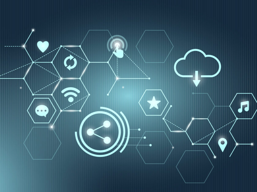 Blue social network technology icons background vector